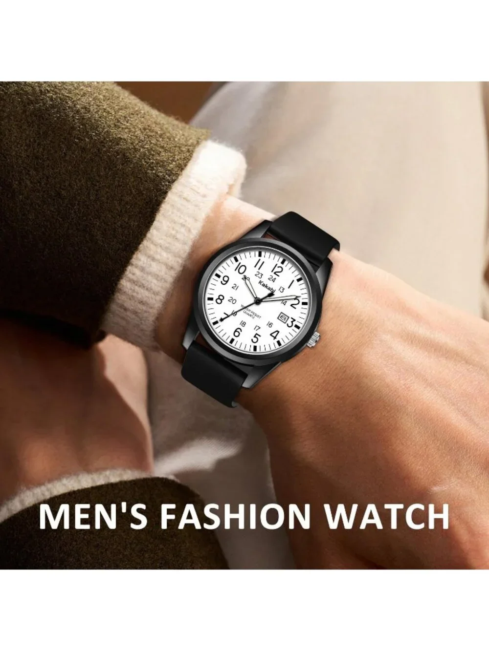 Men's Black Comfortable Silicone Strap Unisex Military Sport Analog Casual Watch